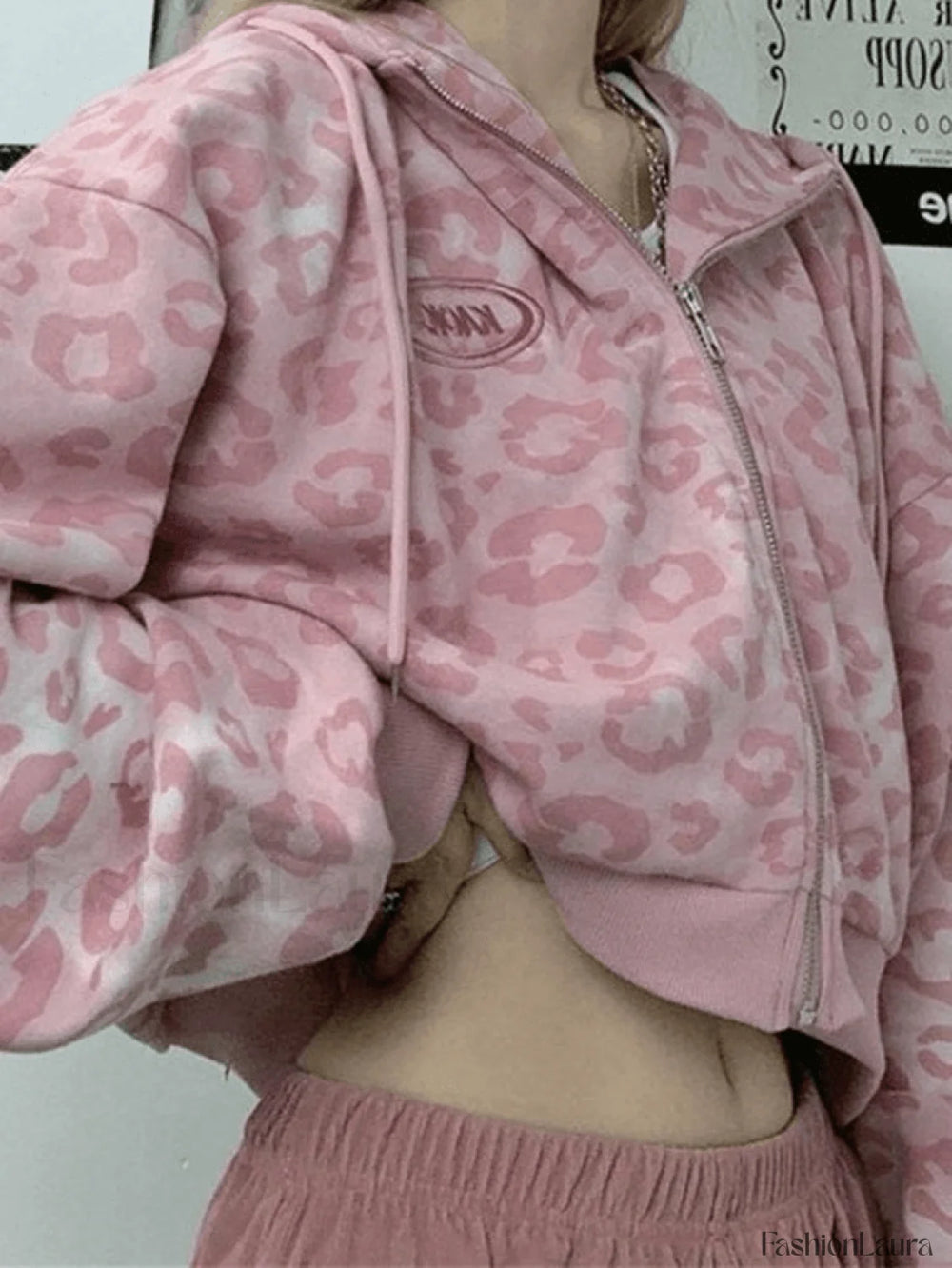 Leopard Print Crop Hoodie Pink / M Sweatshirts & Hoodies L