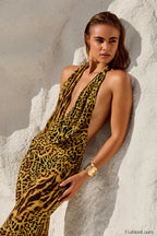 Leopard Print Pocket Collar Backless Slim Floral Dress