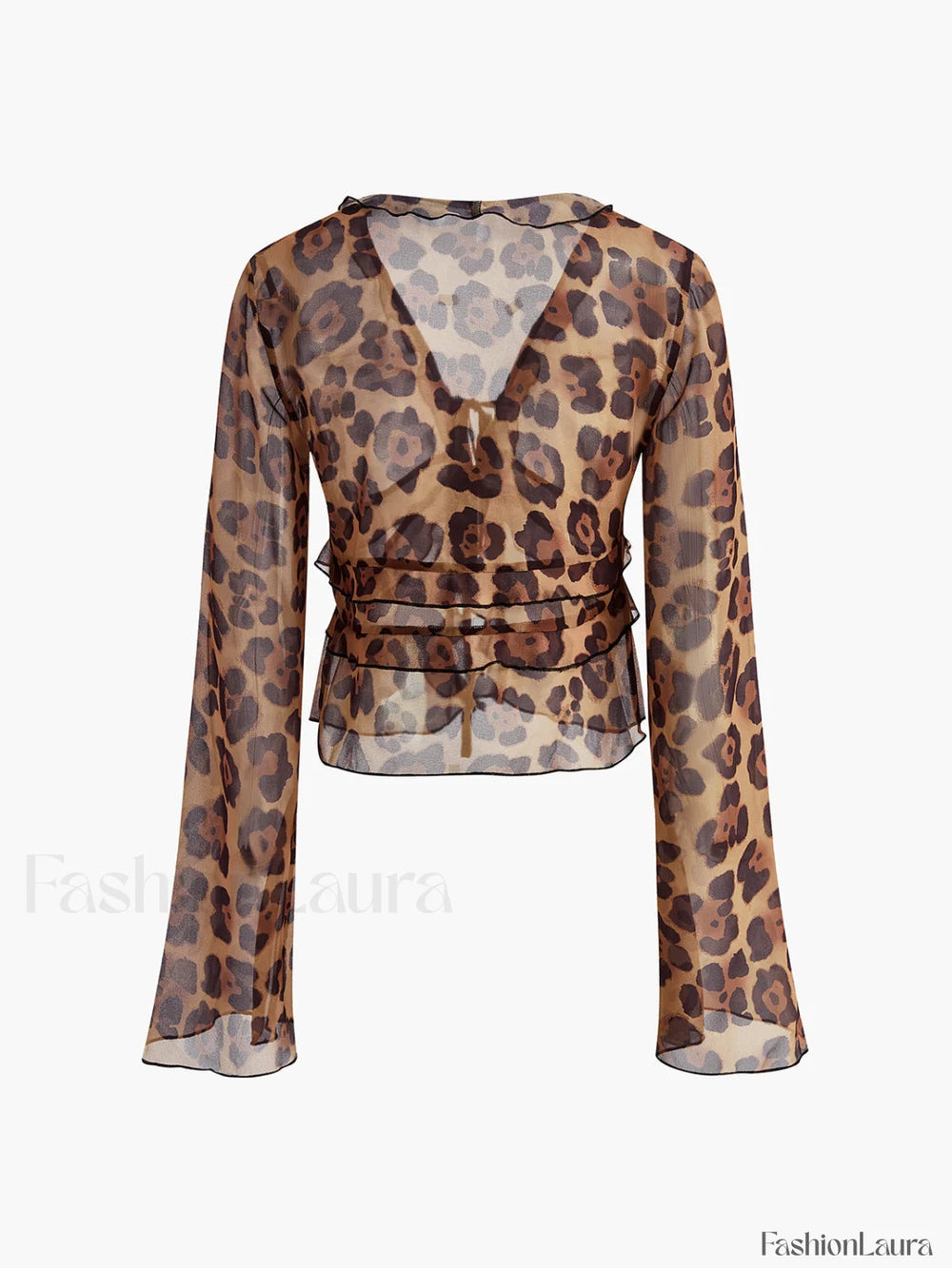 Leopard Print Semi Sheer Ruffle V Neck Blouse Blouses
