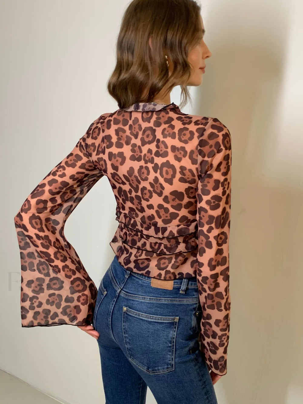 Leopard Print Semi Sheer Ruffle V Neck Blouse Blouses
