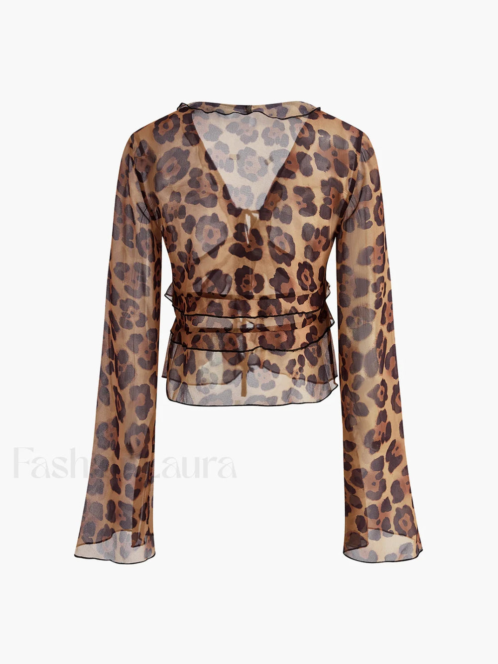 Leopard Print Semi Sheer Ruffle V Neck Blouse Blouses