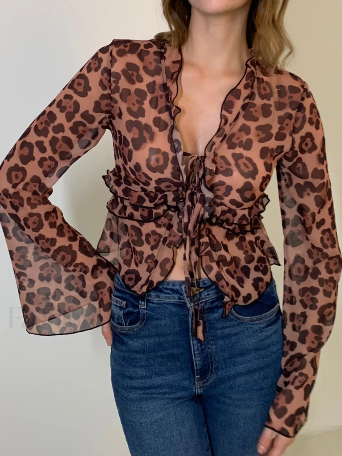 Leopard Print Semi-Sheer Ruffle V-Neck Blouse Secondary image