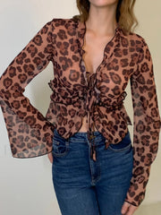 Leopard Print Semi Sheer Ruffle V Neck Blouse Blouses