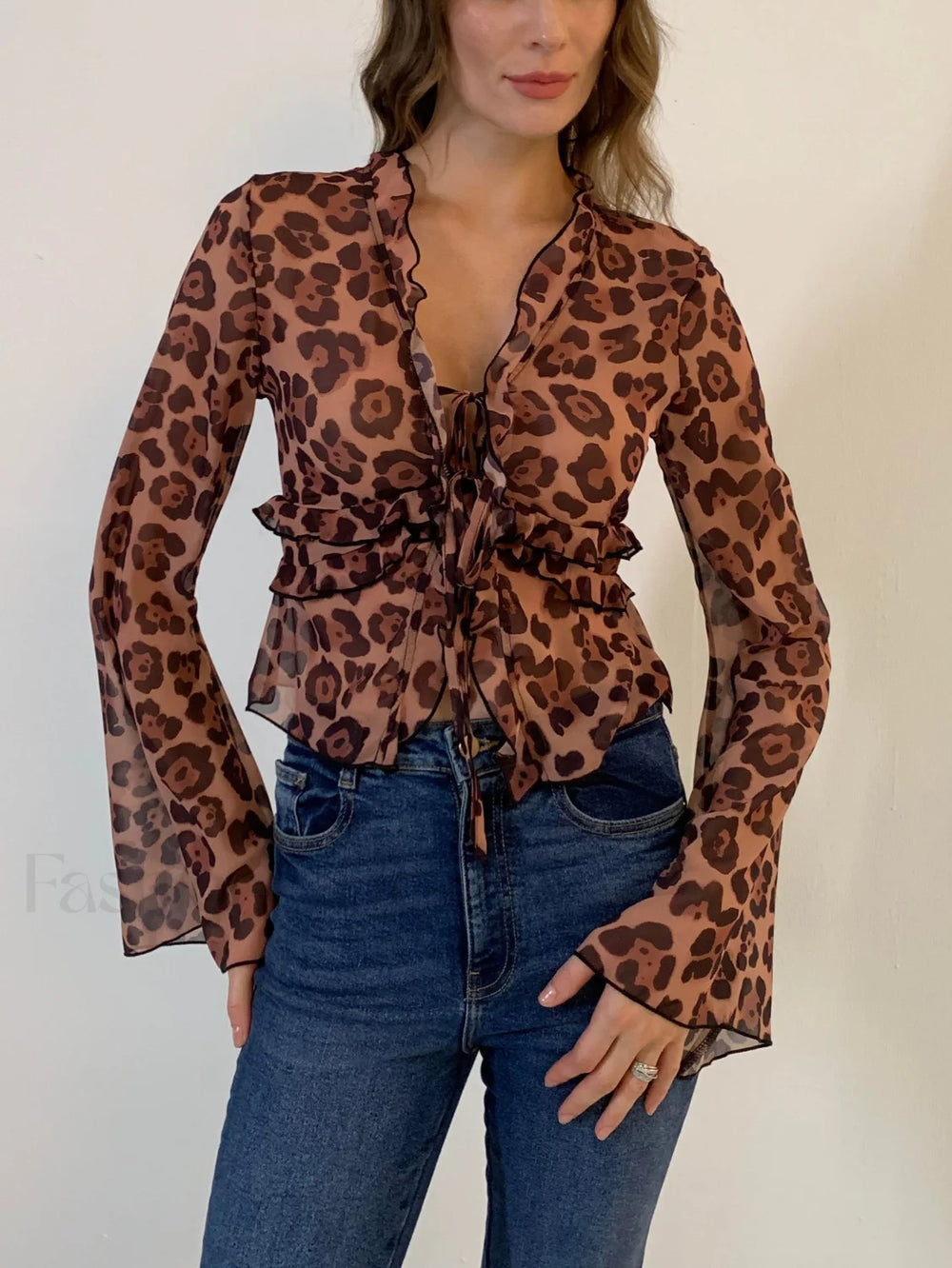 Leopard Print Semi Sheer Ruffle V Neck Blouse Blouses