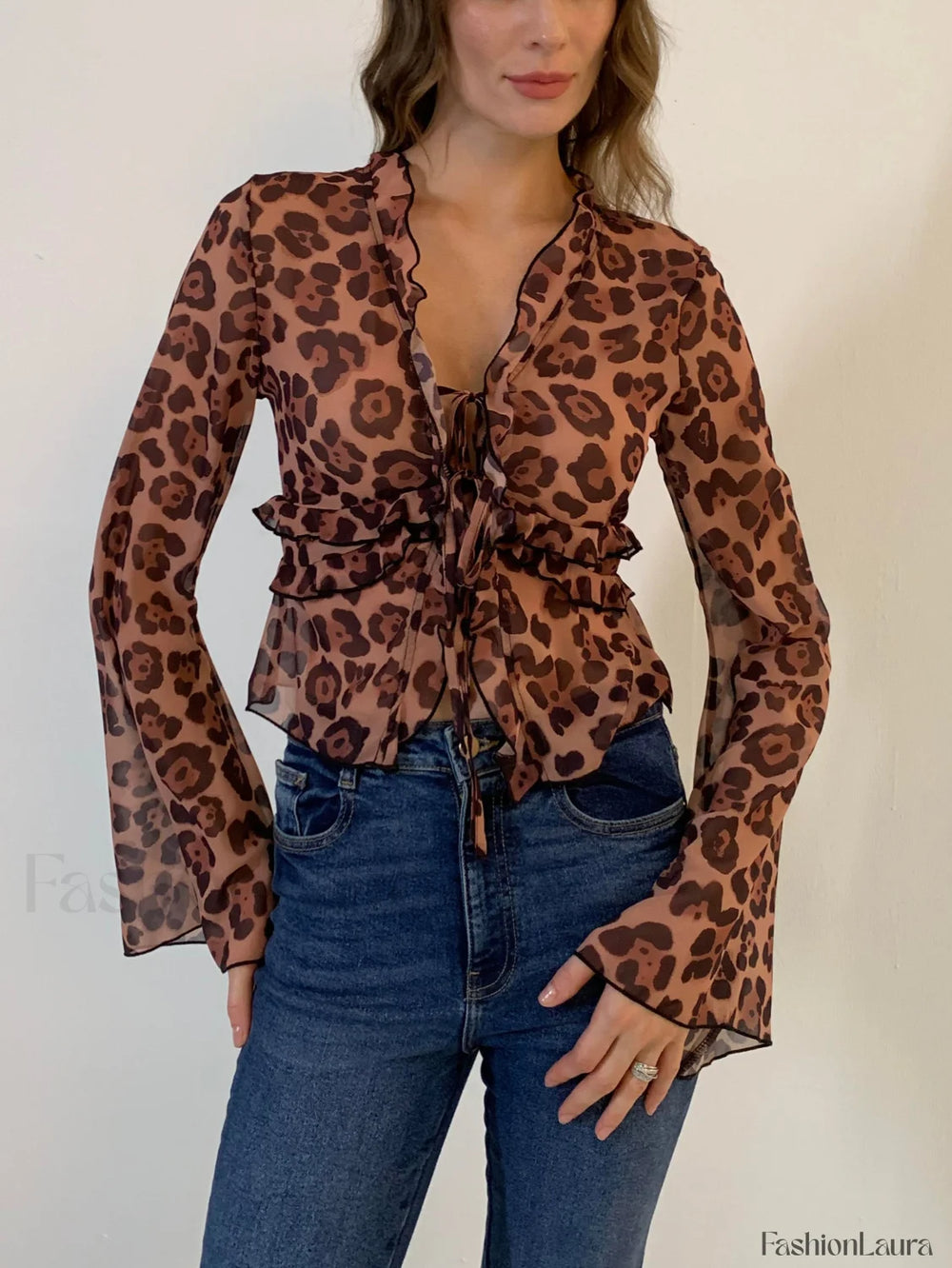 Leopard Print Semi Sheer Ruffle V Neck Blouse Blouses
