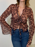 Leopard Print Semi Sheer Ruffle V Neck Blouse Blouses