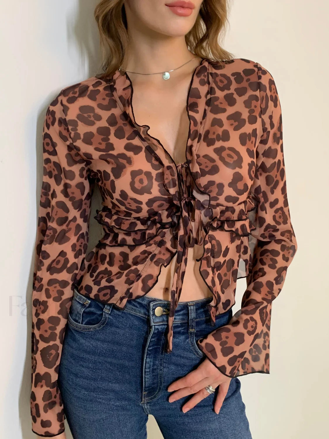 Leopard Print Semi Sheer Ruffle V Neck Blouse Light Brown / XS Blouses Main image