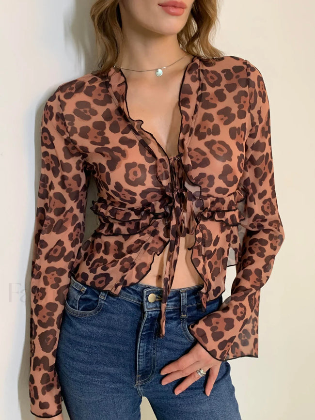 Leopard Print Semi Sheer Ruffle V Neck Blouse Light Brown / XS Blouses Main image