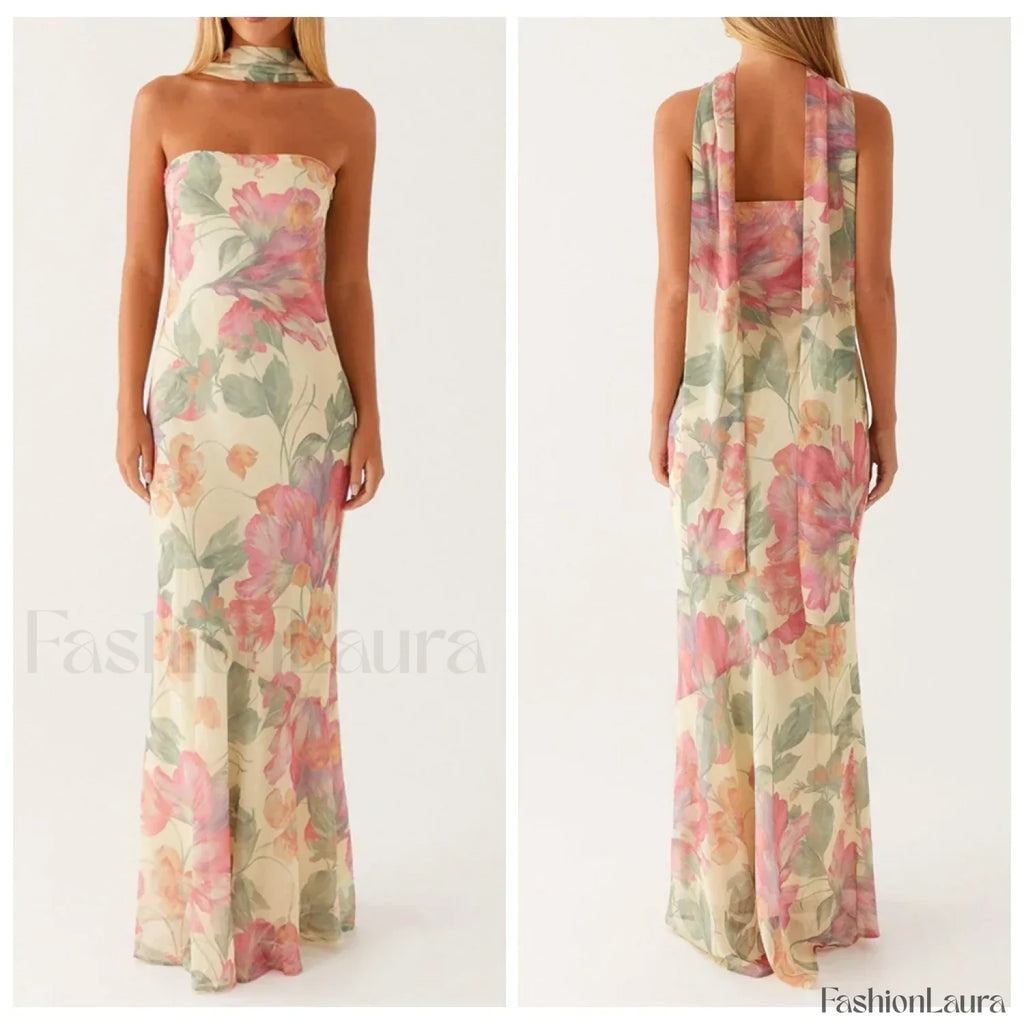 Leopard Strapless Mermaid Floral Dress pink / S