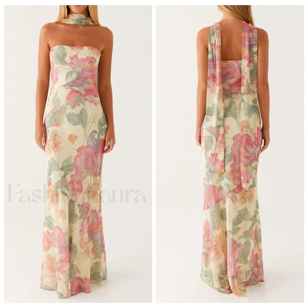 Leopard Strapless Mermaid Floral Dress pink / S
