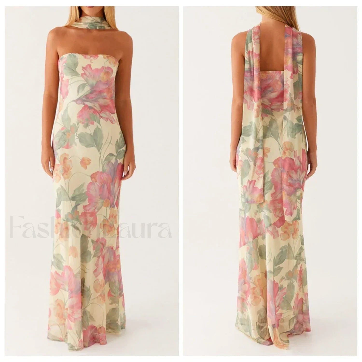 Leopard Strapless Mermaid Floral Dress pink / S