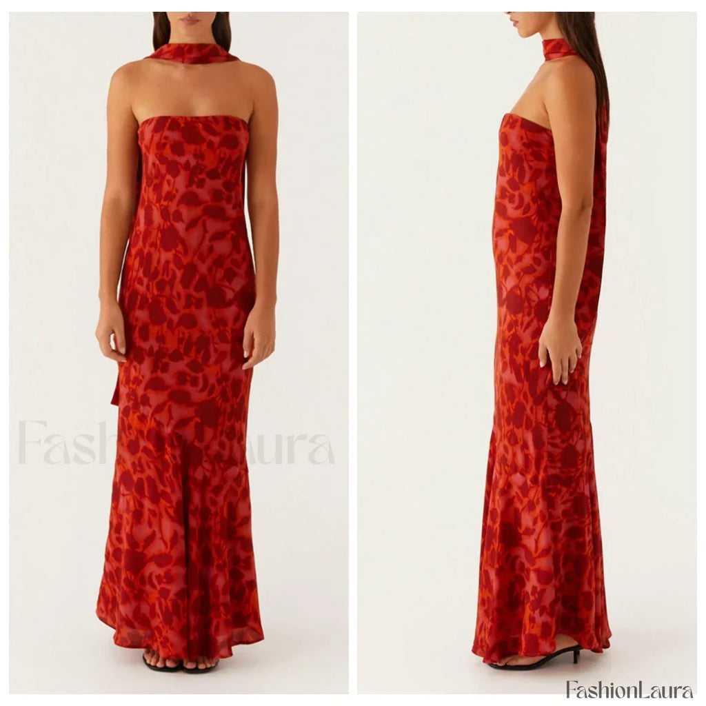 Leopard Strapless Mermaid Floral Dress red1 / S