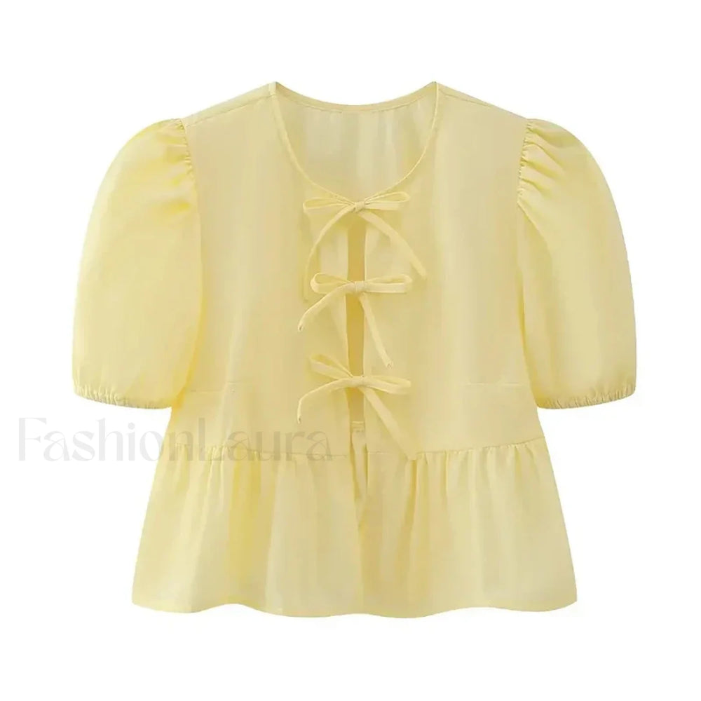 Leopard Sweet Bubble Casual Shirt Blouse Light Yellow / XS