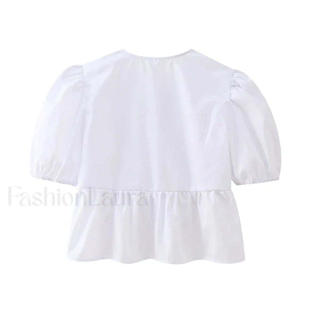 Leopard Sweet Bubble Casual Shirt Blouse WHITE / XS