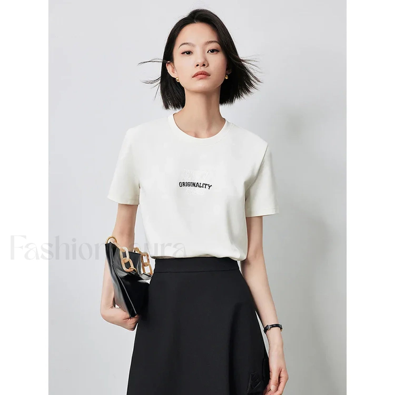 Letter Bead Embroidery Round Neck T Shirt Beige / S Main image