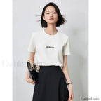 Letter Bead Embroidery Round Neck T Shirt Beige / S