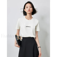 Letter Bead Embroidery Round Neck T Shirt Beige / S