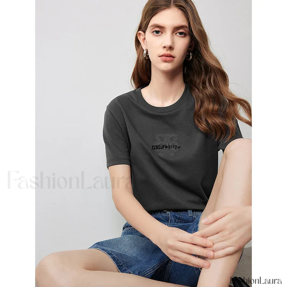 Letter Bead Embroidery Round Neck T Shirt Dark Gray / S