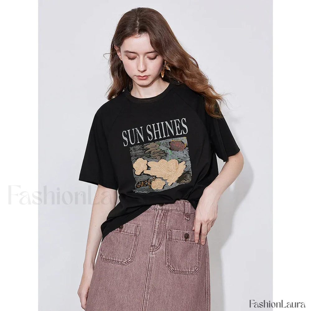 Letter Pattern Lyocell Slim Fit T Shirt Black / S