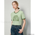 Letter Printed Contrast Color T Shirt Green / S