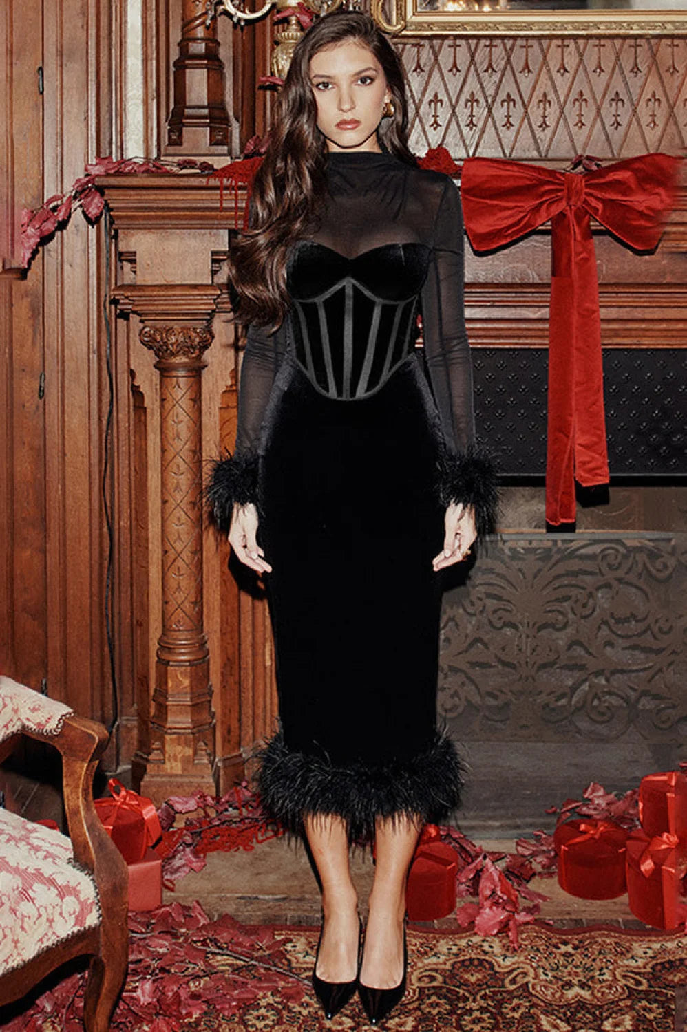 Lianna Black Stylish Velvet Midi Dress