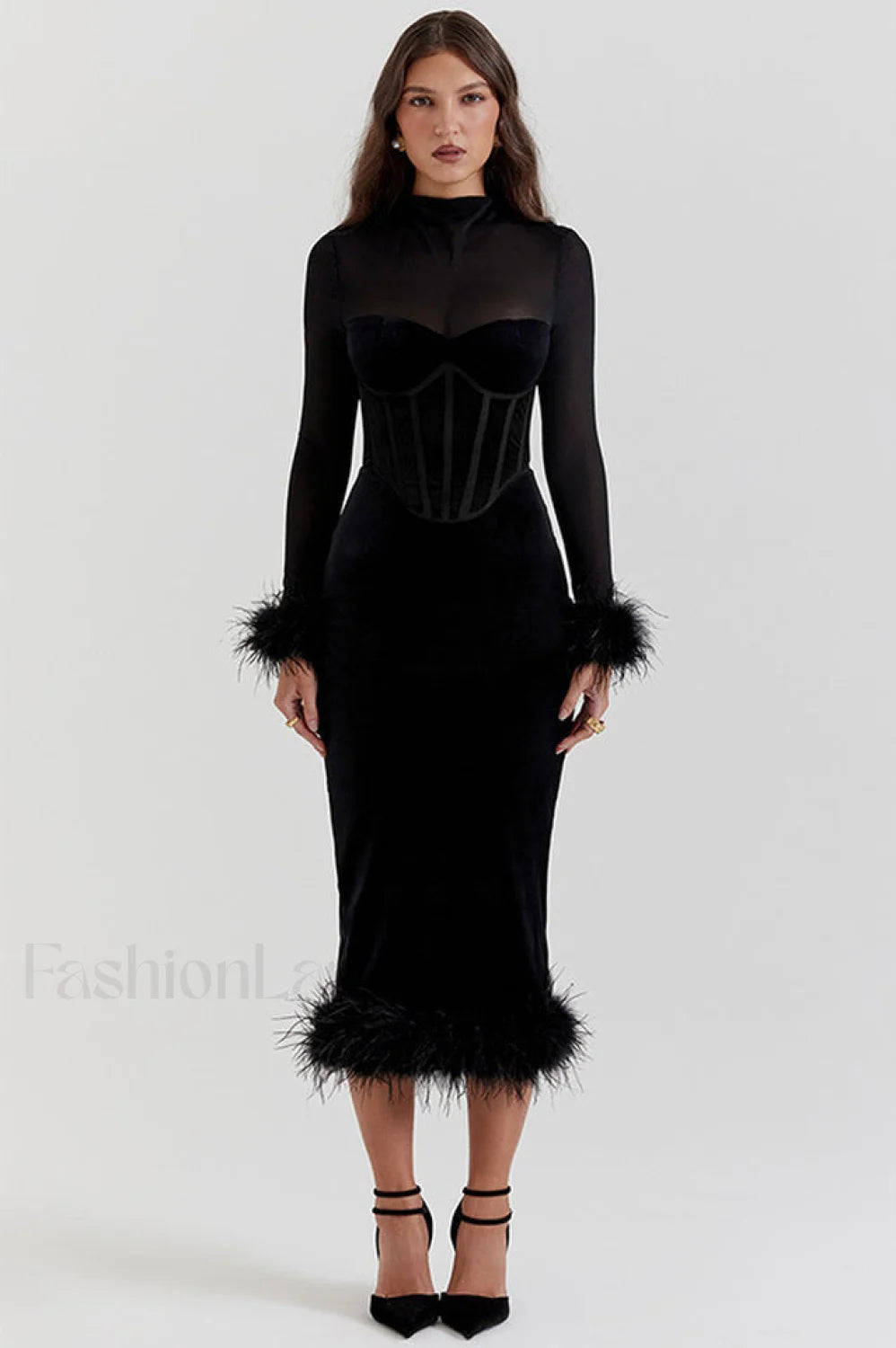 Lianna Black Stylish Velvet Midi Dress S / Black