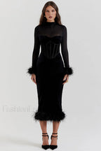 Lianna Black Stylish Velvet Midi Dress S / Black