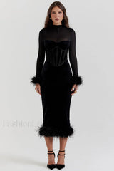 Lianna Black Stylish Velvet Midi Dress S / Black