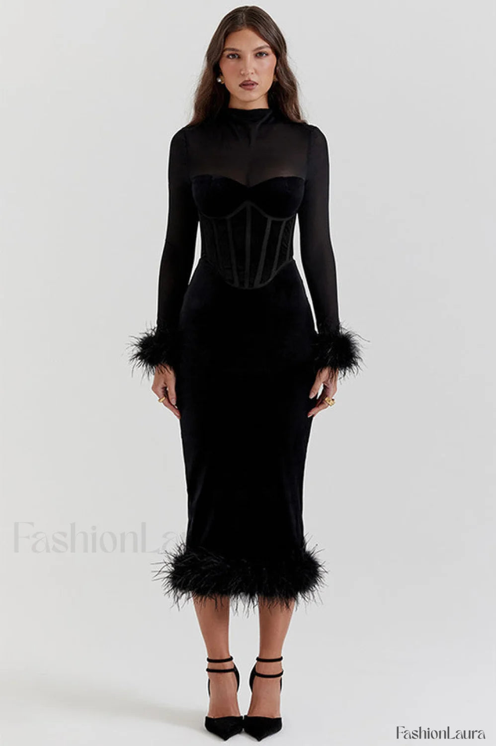 Lianna Black Stylish Velvet Midi Dress S / Black