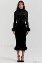Lianna Black Stylish Velvet Midi Dress S / Black