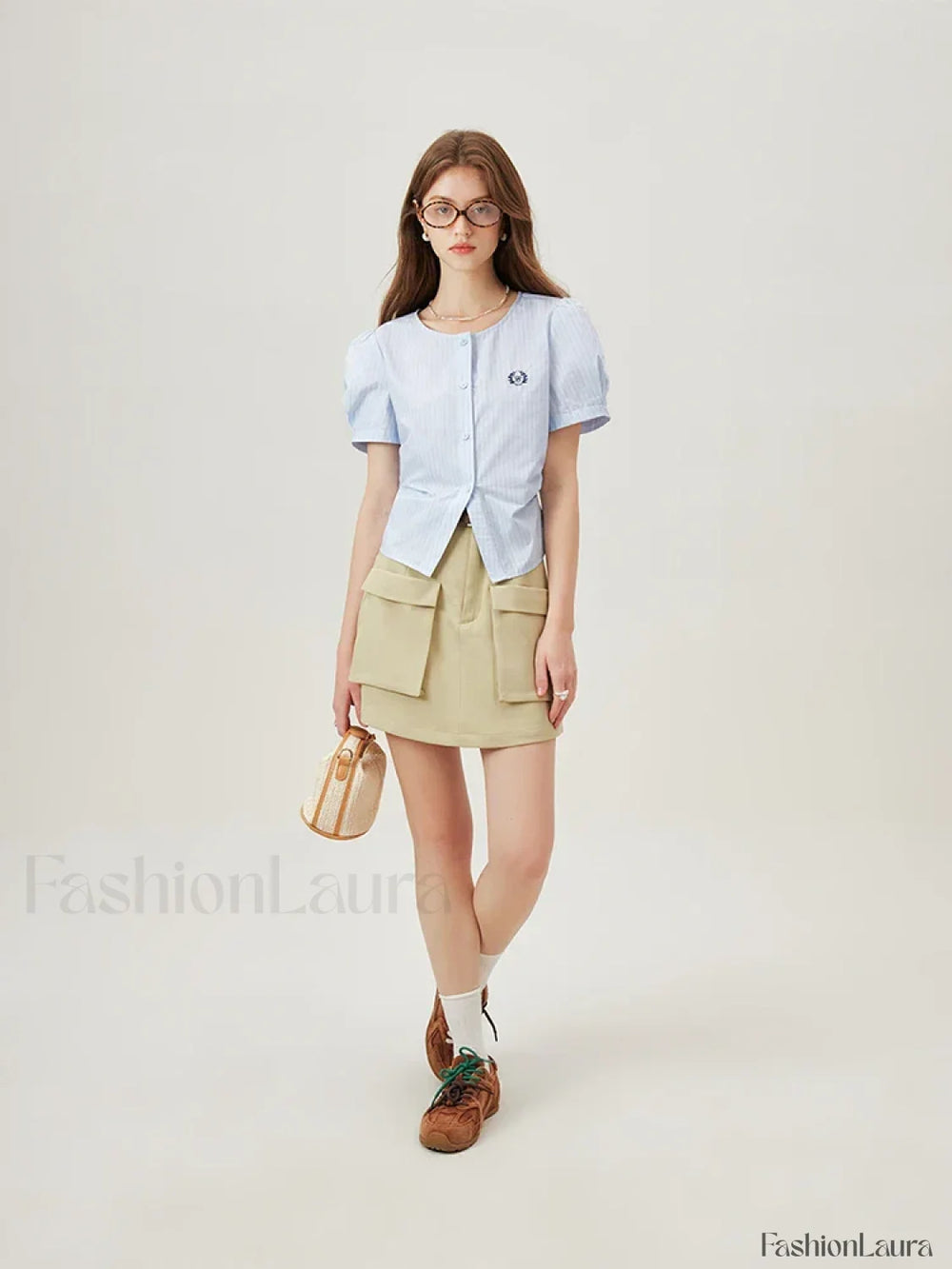 Light Blue Striped Casual Cotton T Shirt