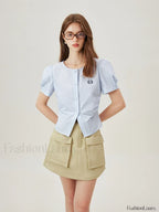Light Blue Striped Casual Cotton T Shirt Blue / XS