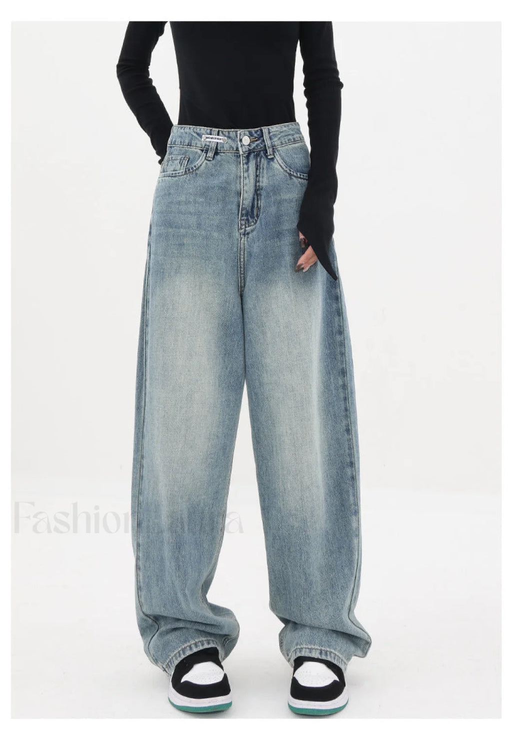 Light Blue Wash Trendy Baggy Boyfriend Jeans Light Blue / L women clothing