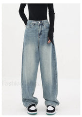 Light Blue Wash Trendy Baggy Boyfriend Jeans Light Blue / L women clothing