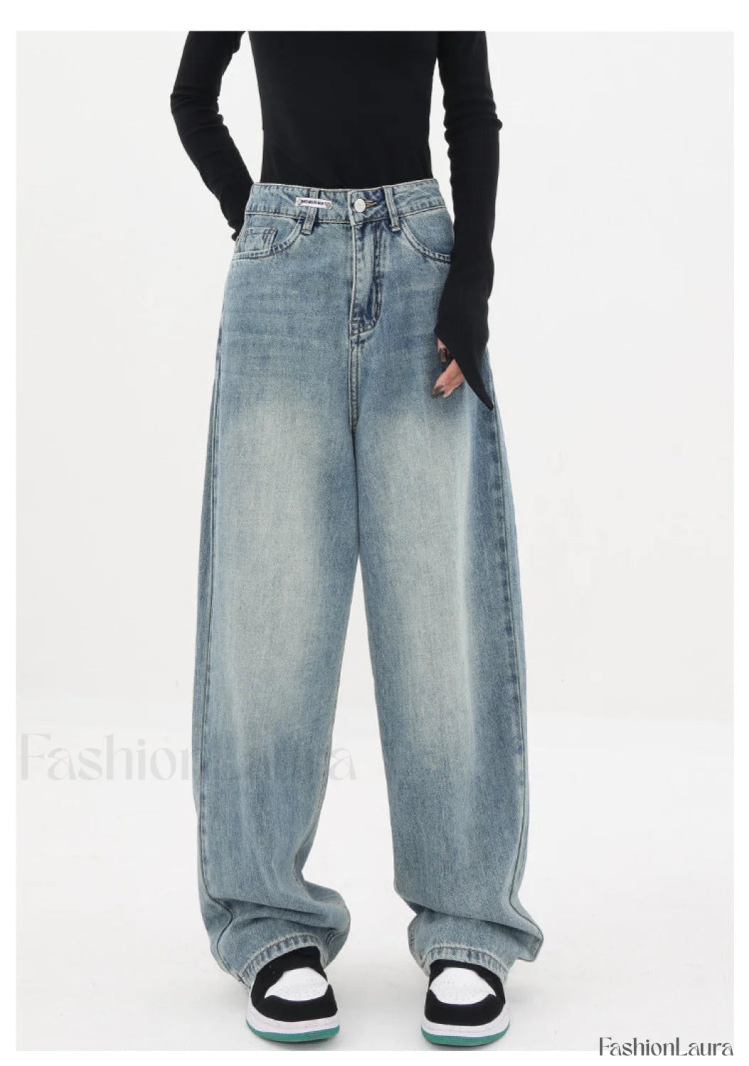 Light Blue Wash Trendy Baggy Boyfriend Jeans Light Blue / L women clothing