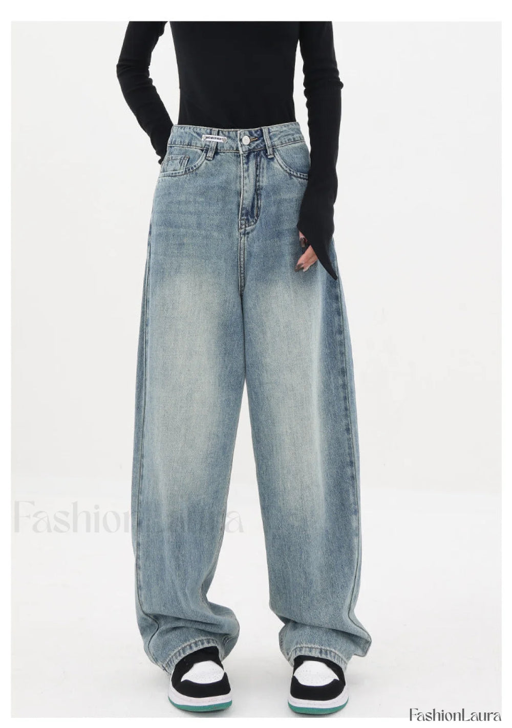 Light Blue Wash Trendy Baggy Boyfriend Jeans Light Blue / L women clothing