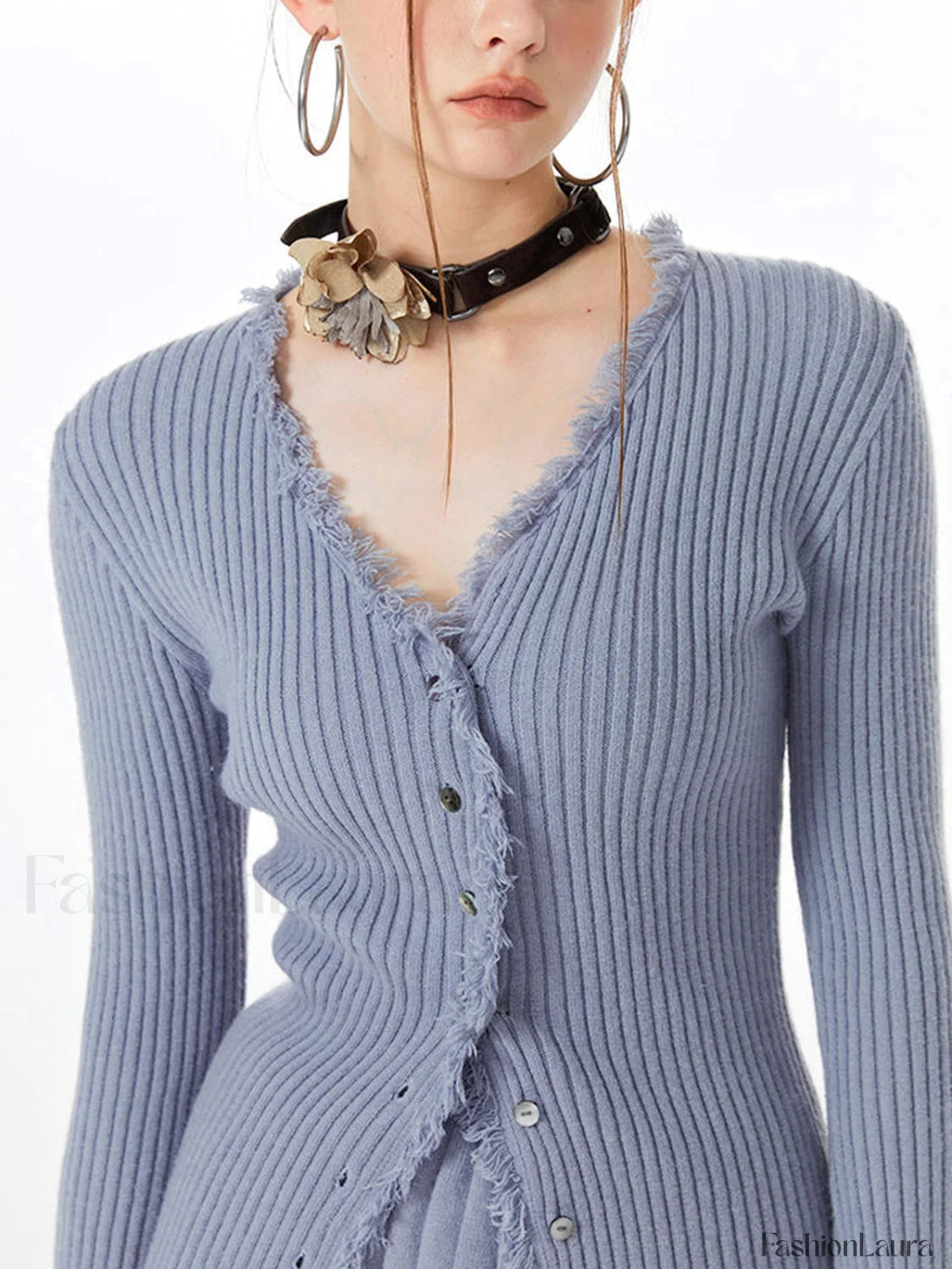 Lilac Raw Hem Trendy Long Sleeve Knit Top Sweaters L