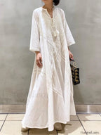 Linen Lace Up White Boho Dress WHITE / One Size