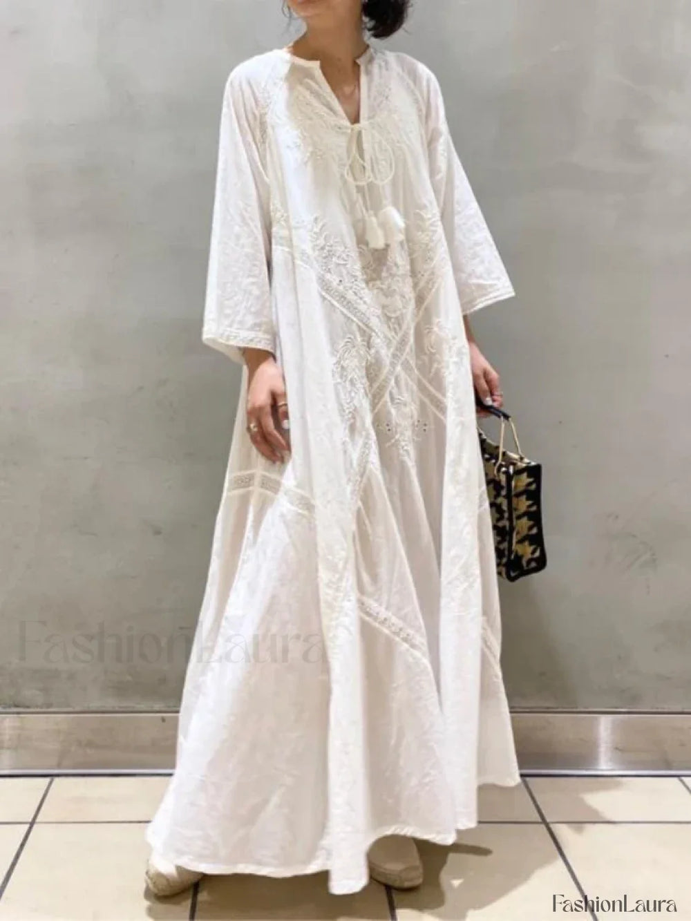 Linen Lace Up White Boho Dress WHITE / One Size