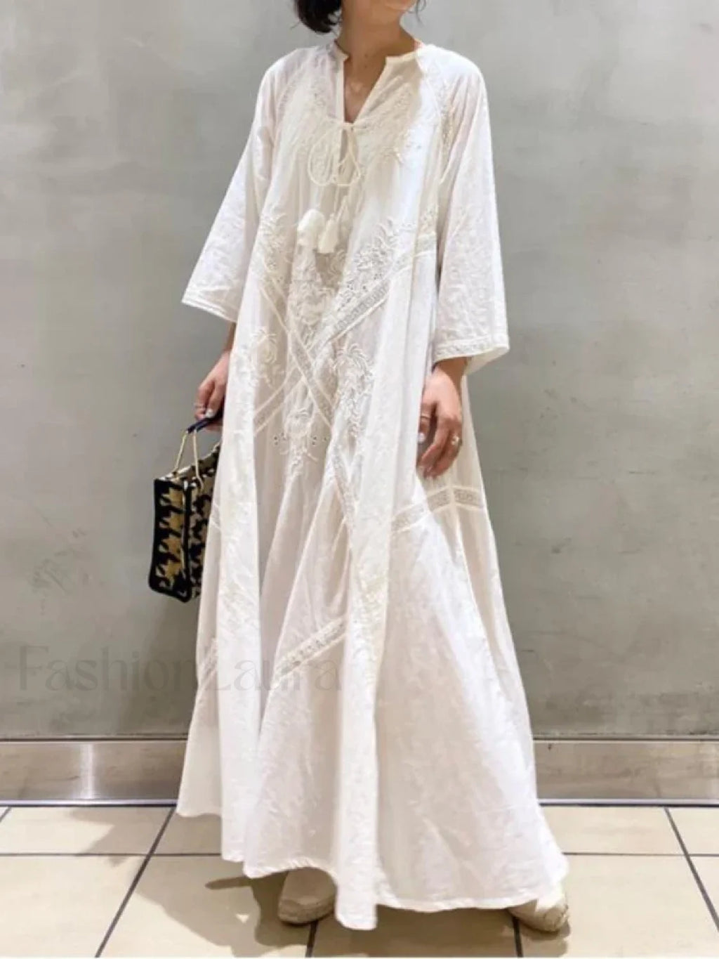 Linen Lace Up White Boho Dress WHITE / One Size