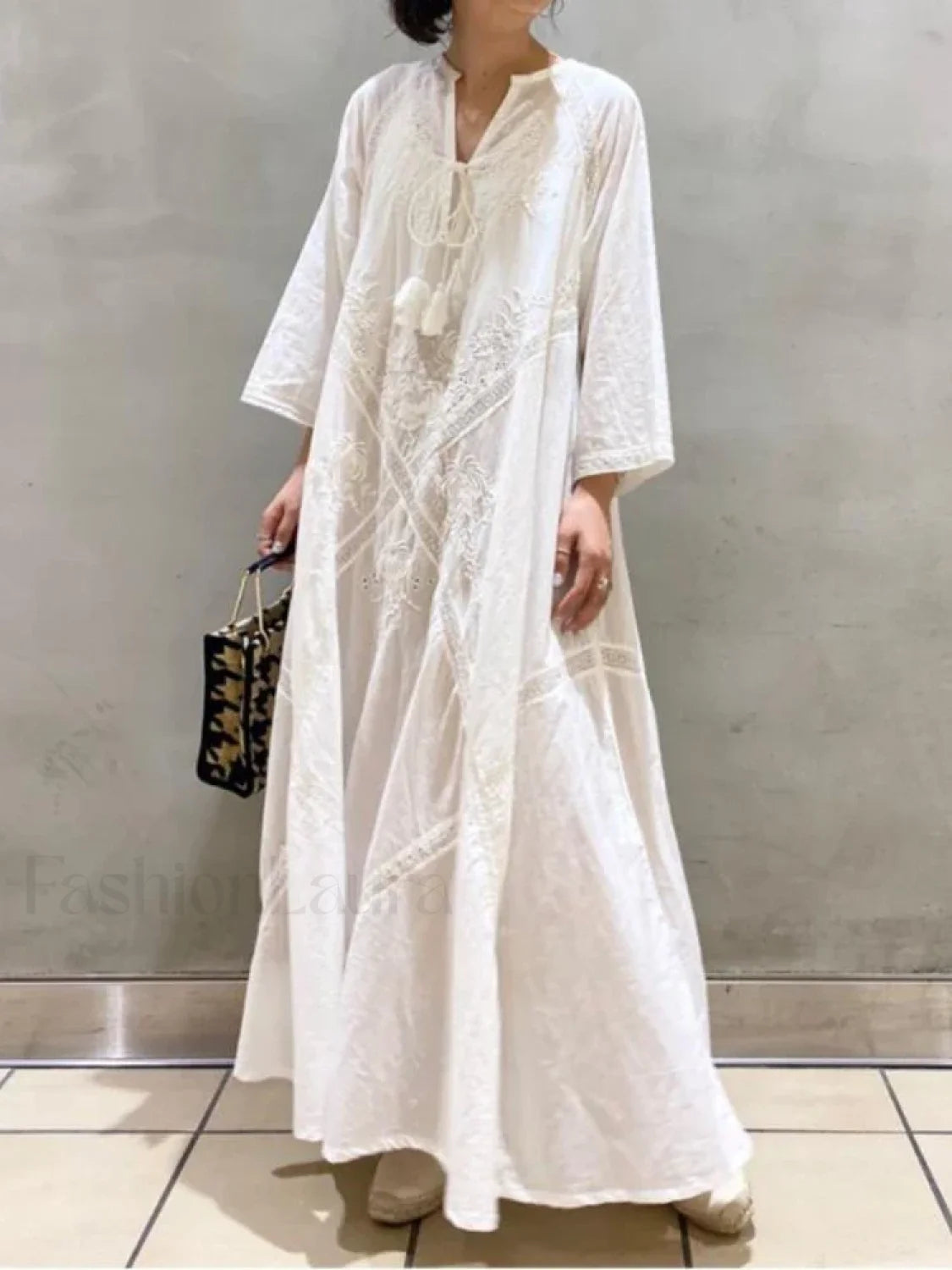 Linen Lace Up White Boho Dress WHITE / One Size