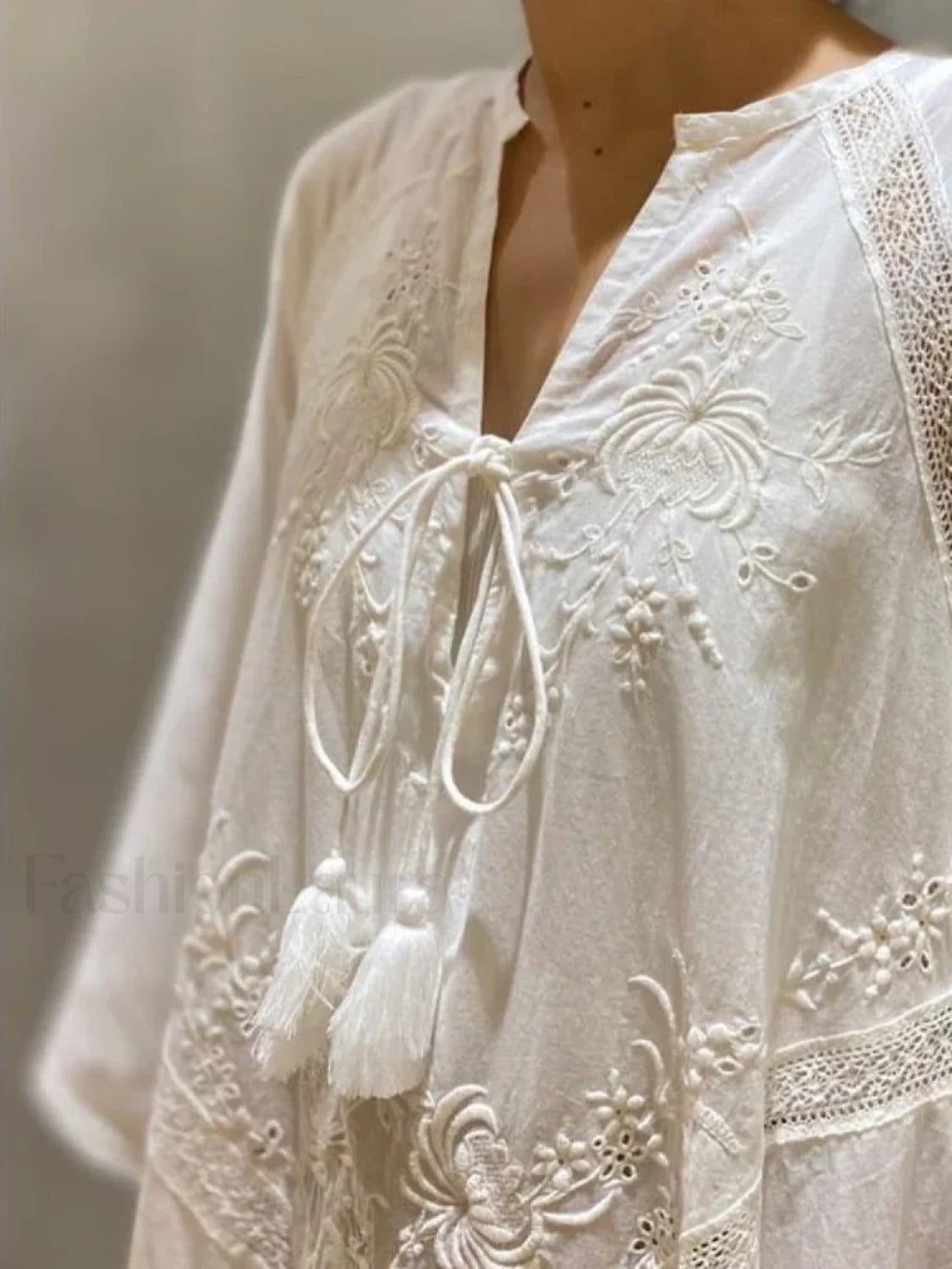 Linen Lace Up White Boho Dress WHITE / One Size