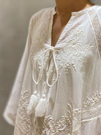 Linen Lace Up White Boho Dress WHITE / One Size