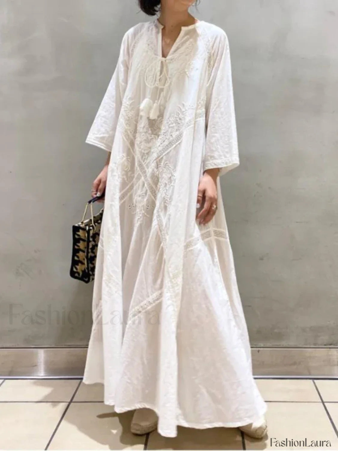 Linen Lace Up White Boho Dress WHITE / One Size