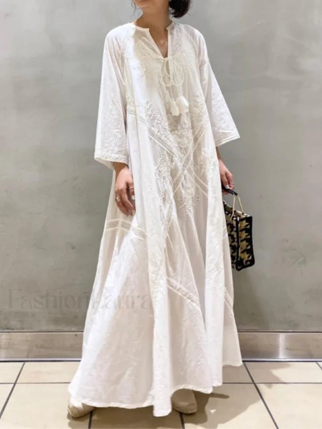 Linen Lace Up White Boho Dress WHITE / One Size Main image