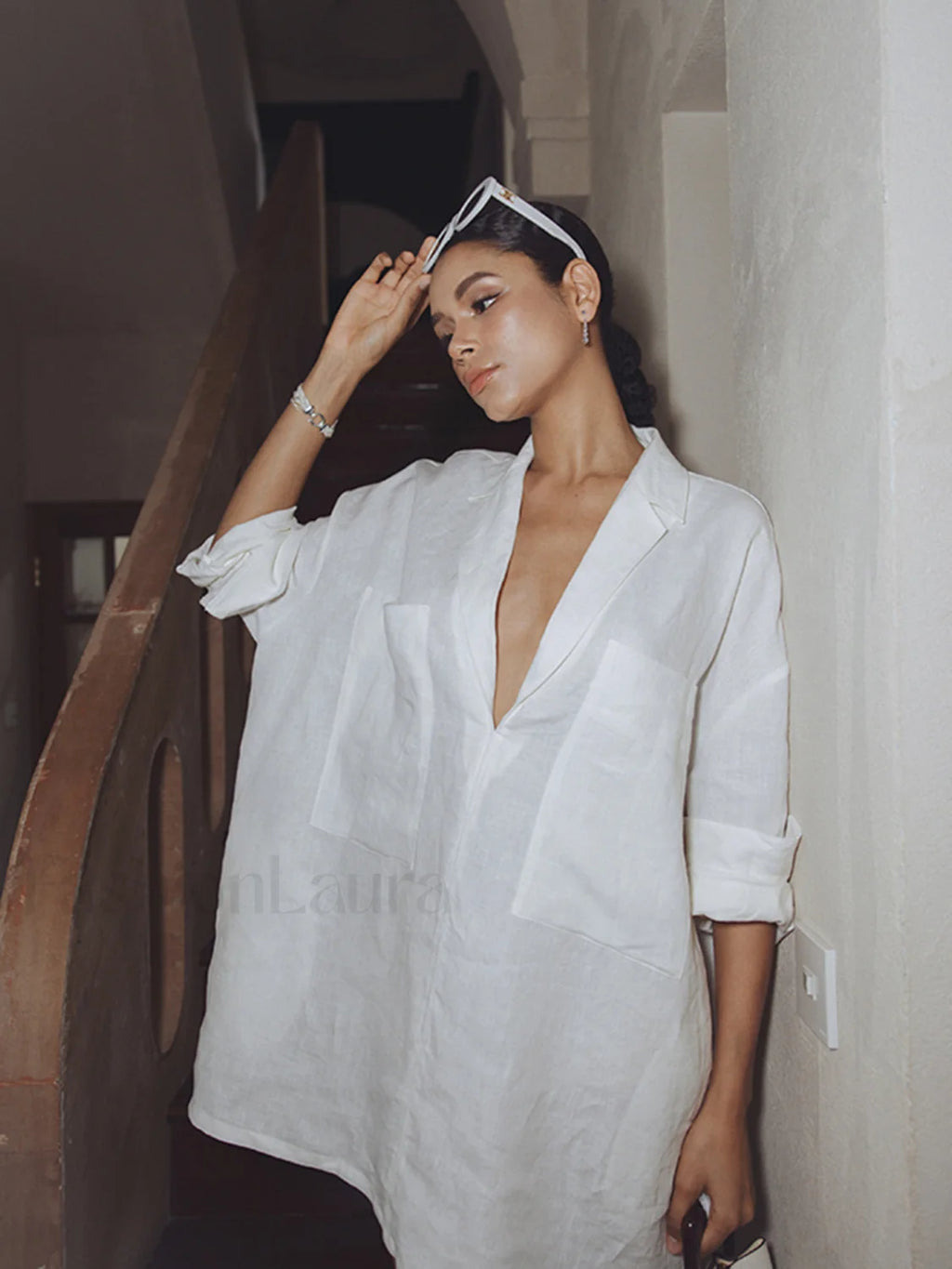 Linen Pockets Semi Sheer Long Sleeve Dress Dresses