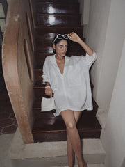 Linen Pockets Semi Sheer Long Sleeve Dress Dresses