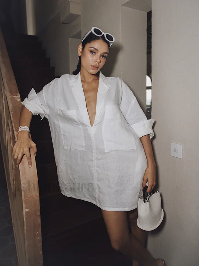 Linen Pockets Semi Sheer Long Sleeve Dress White / XS Dresses Main image
