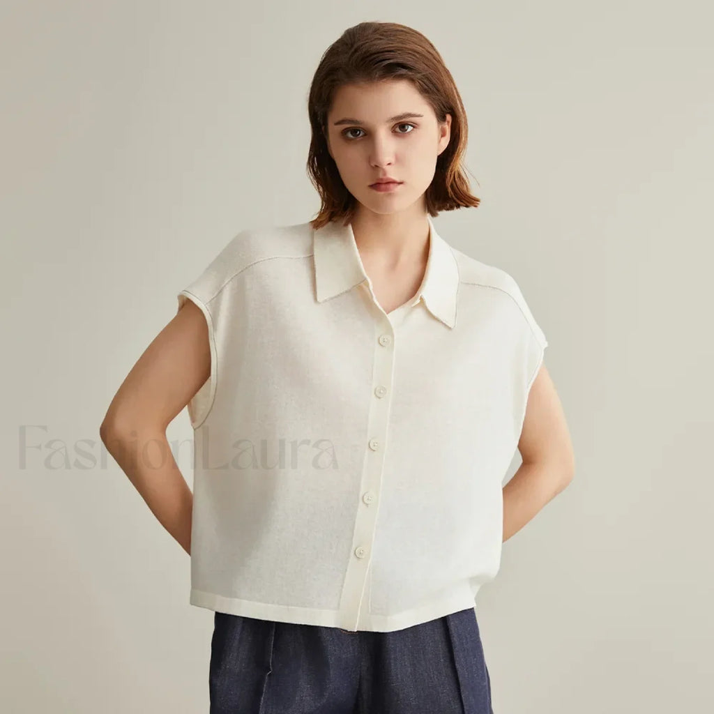 Linen Silk Polo Knitted Cardigan T Shirt