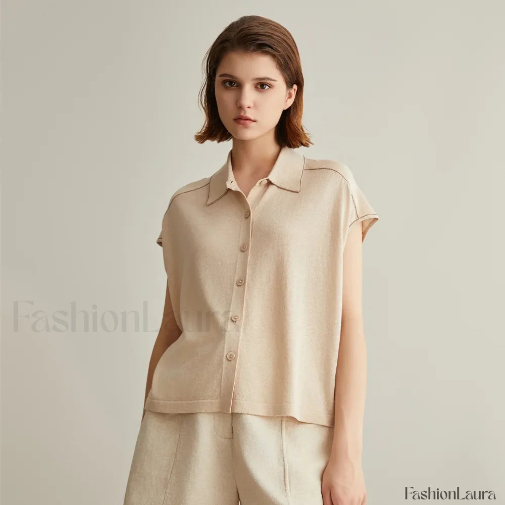 Linen Silk Polo Knitted Cardigan T Shirt